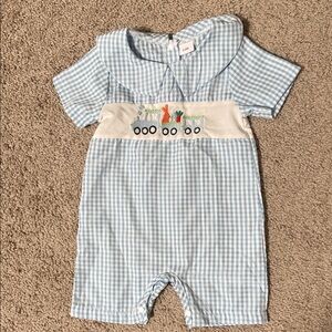 Blue Gingham Baby Easter Romper with Train Embroidery